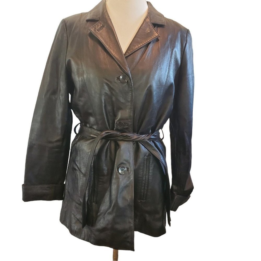 Vintage 90s Womens Wilsons Leather Black Belted Jacket Trench w Liner‎ Sz LG